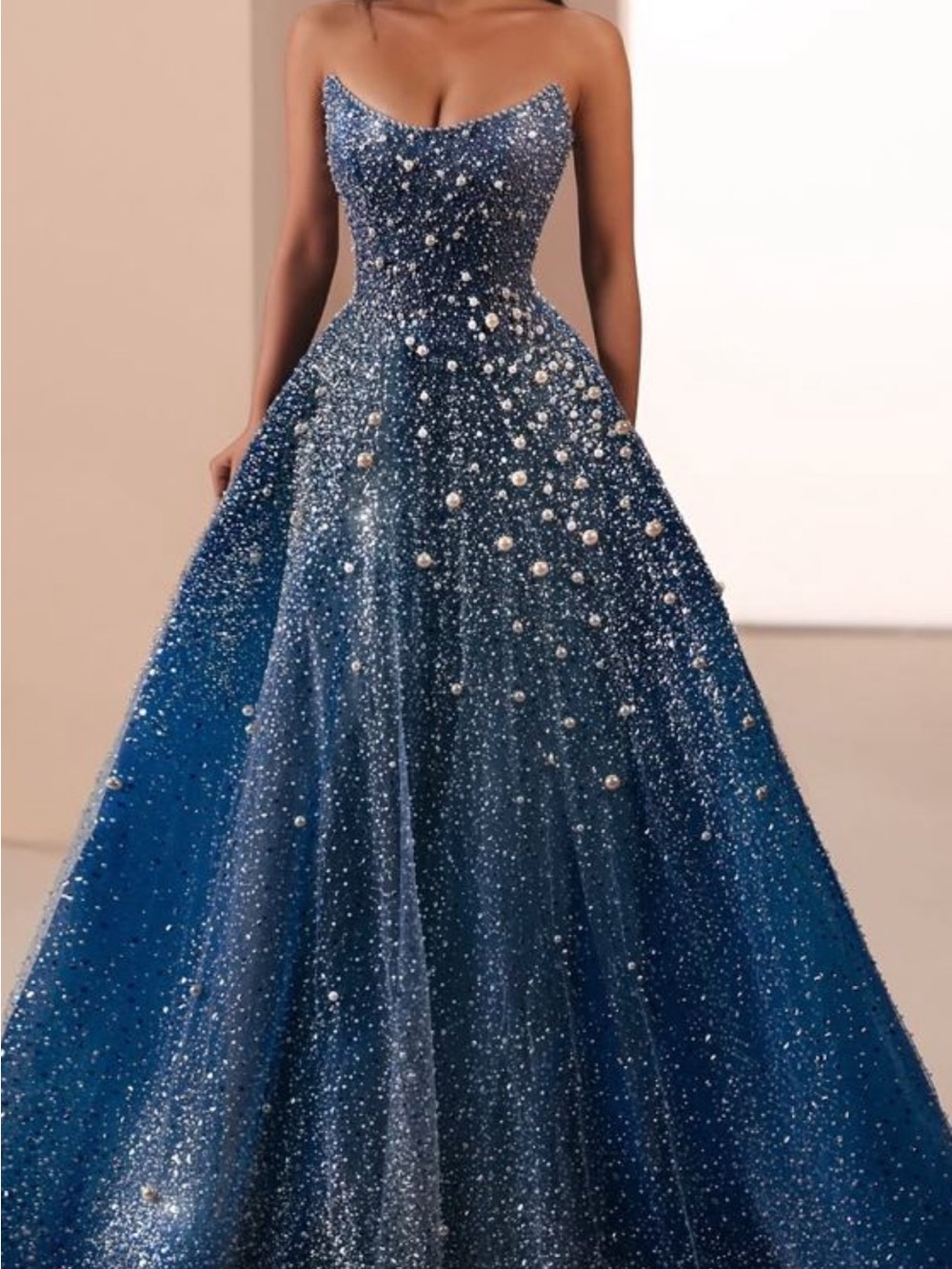 Strapless Navy Blue Sparkle Ball Gown